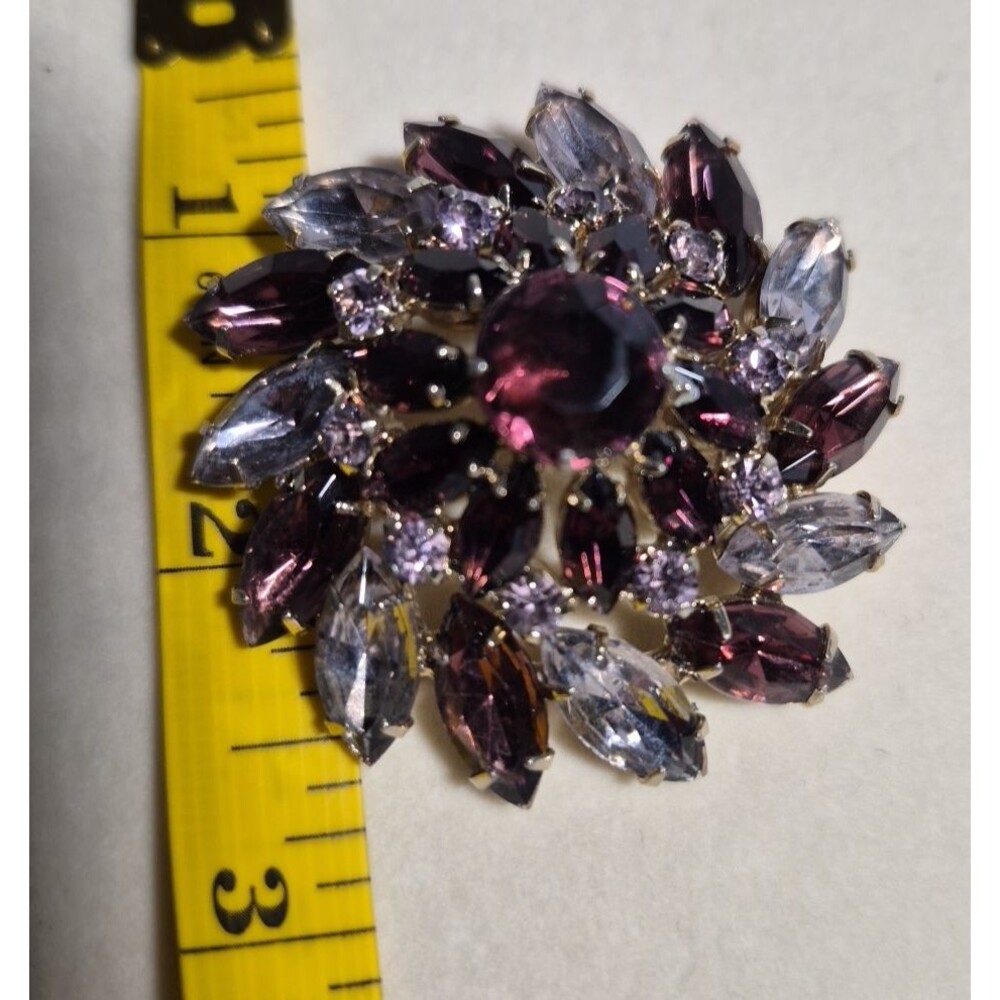 Dark and Light Purple Stones With Prongs Round Brooch Pin 2" Vintage
